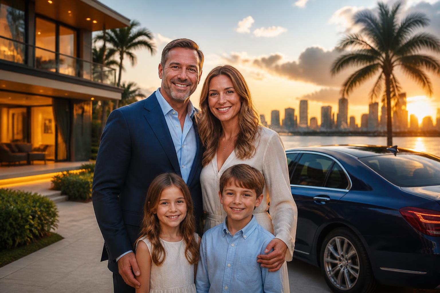 Happy family protected by T&C Insurance in front of their home and car